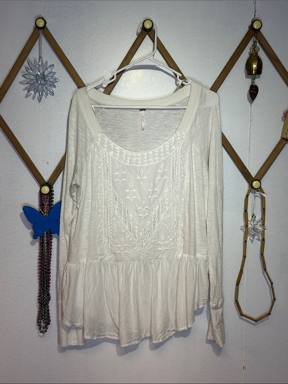 Free People White Embroidered Peplum Scoop-Neck Top